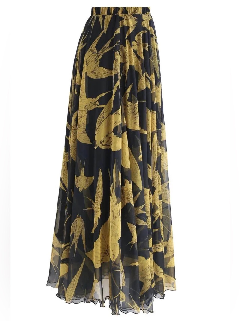 Chicwish Black Gold Swallows Bird Chiffon Maxi Skirt M - Picture 4 of 8